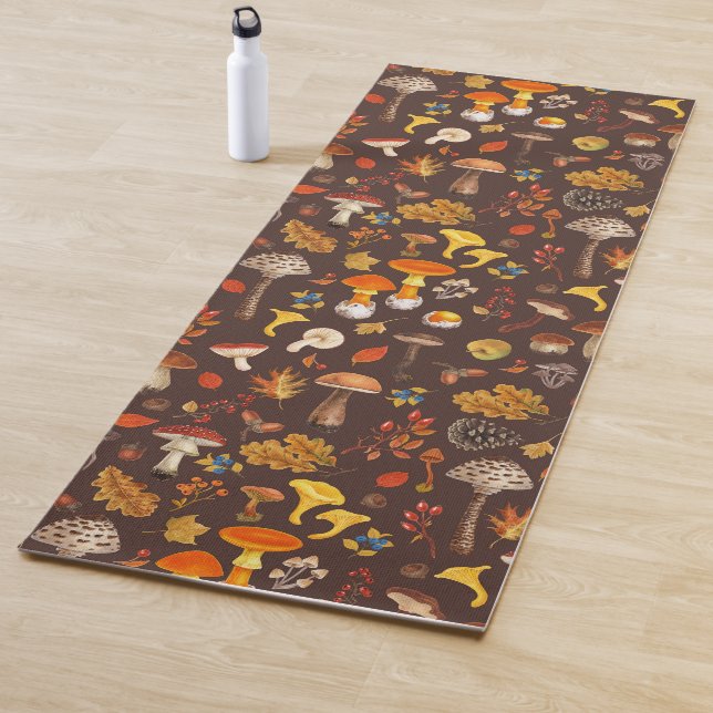 Wild mushrooms on brown yoga mat (In Situ)