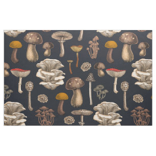 Wild Mushrooms on graphite black Fabric