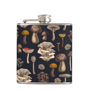 Wild Mushrooms on graphite black Hip Flask