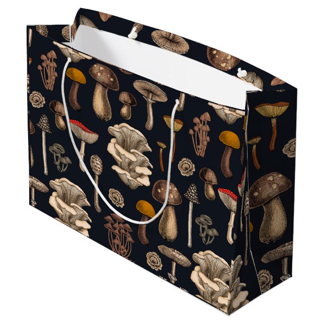 Wild Mushrooms  on graphite black Large Gift Bag (Back Angled)