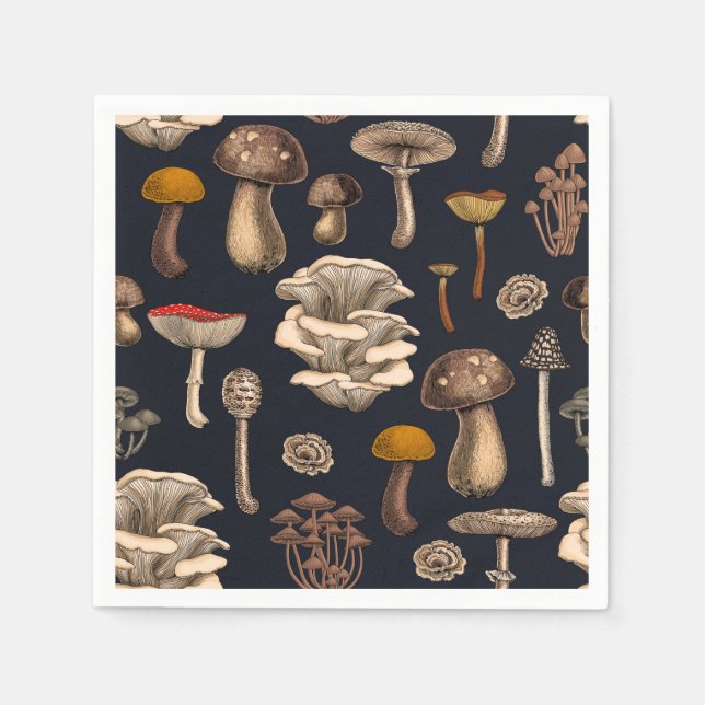 Wild Mushrooms  on graphite black Napkin (Front)