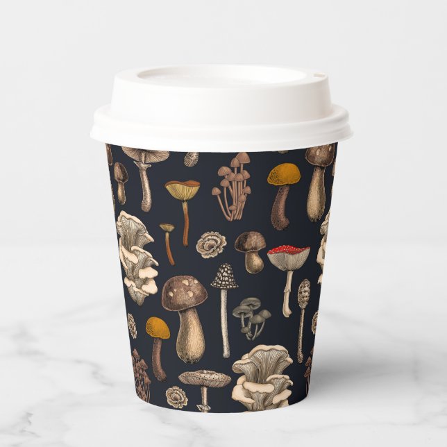 Wild Mushrooms  on graphite black Paper Cups (Front)