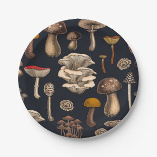Wild Mushrooms  on graphite black Paper Plate
