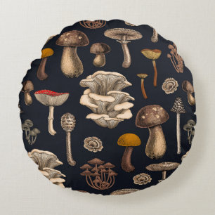 Wild Mushrooms on graphite black Round Cushion