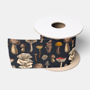Wild Mushrooms on graphite black Satin Ribbon