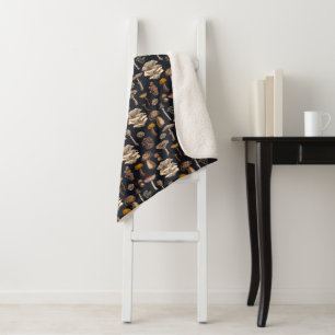 Wild Mushrooms on graphite black Sherpa Blanket