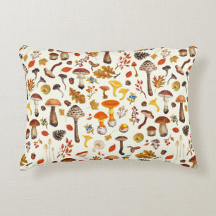 Wild mushrooms on off white decorative cushion