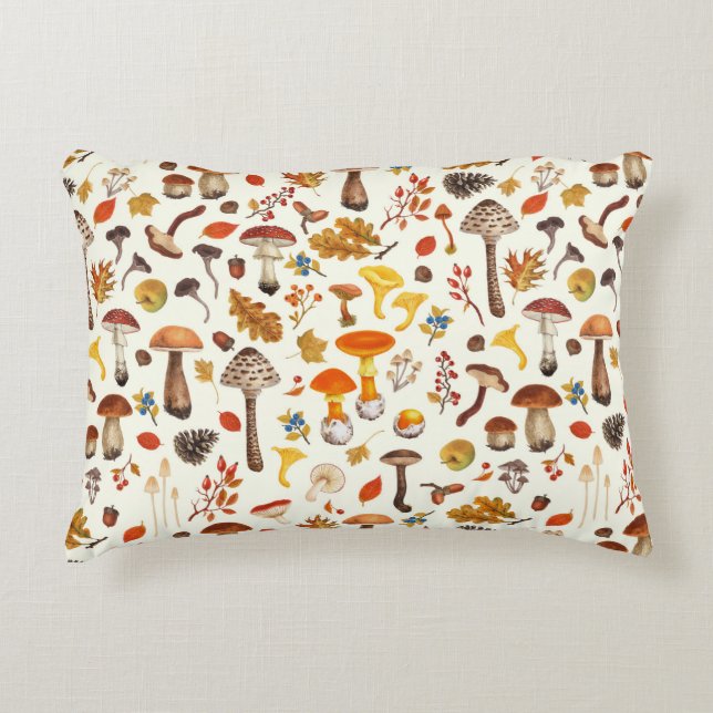 Wild mushrooms on off white decorative cushion (Front)