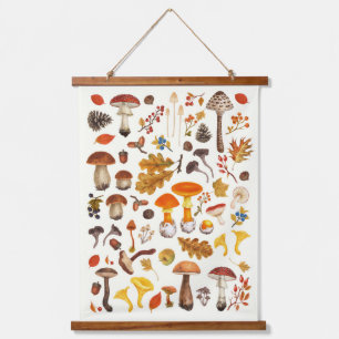 Wild mushrooms on off white hanging tapestry