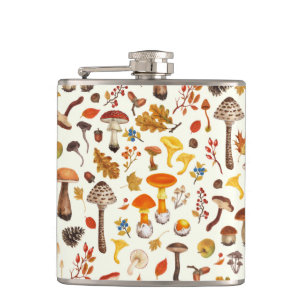 Wild mushrooms on off white hip flask