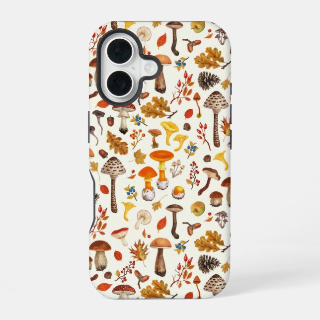Wild mushrooms on off white iPhone 16 case (Back)