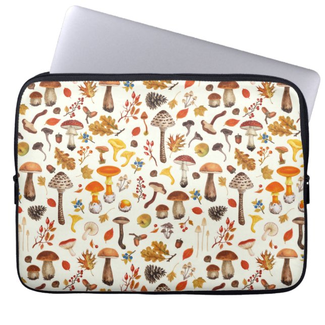 Wild mushrooms on off white laptop sleeve (Front)