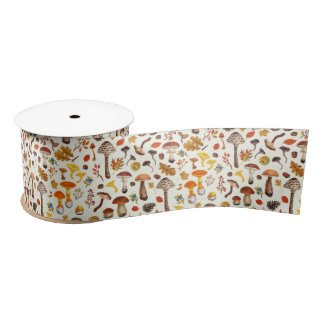 Wild mushrooms on off white satin ribbon