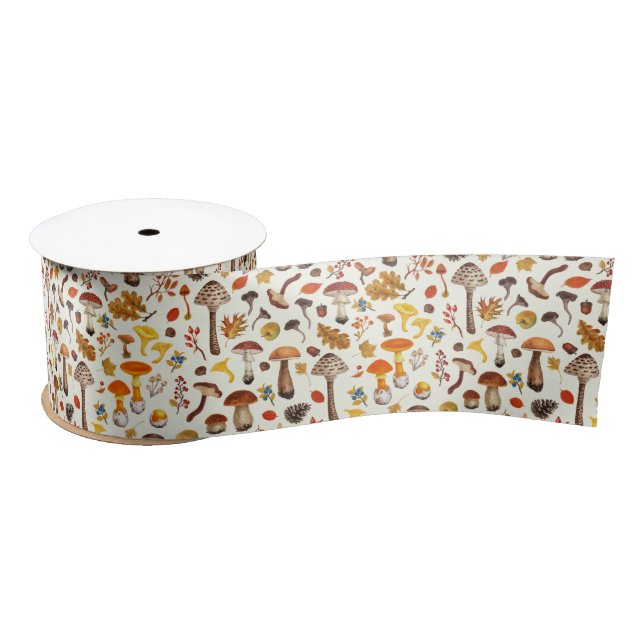 Wild mushrooms on off white satin ribbon (Spool)