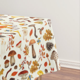 Wild mushrooms on off white tablecloth
