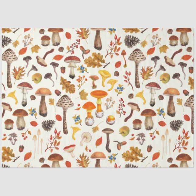 Wild mushrooms on off white tissue paper (Front)