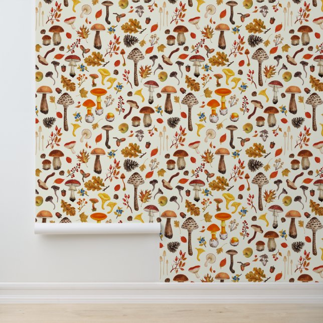 Wild mushrooms on off white wallpaper (Application)