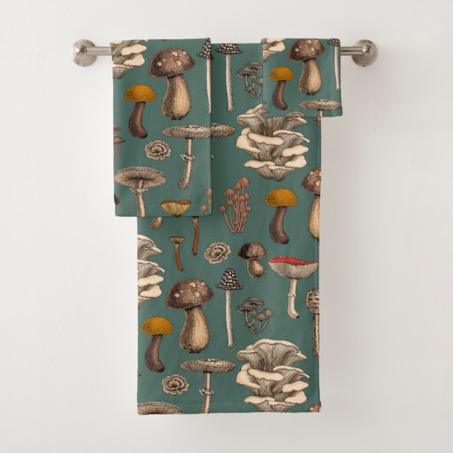 Wild Mushrooms  on pine green Bath Towel Set (Insitu)