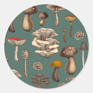 Wild Mushrooms on pine green Classic Round Sticker