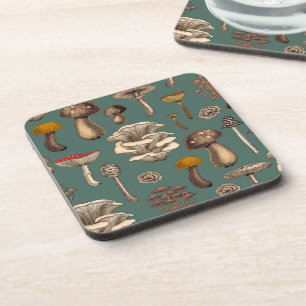 Wild Mushrooms  on pine green Coaster