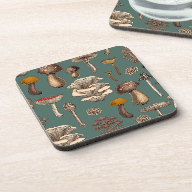 Wild Mushrooms  on pine green Coaster (Left Side)