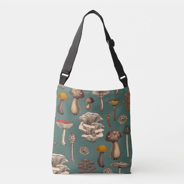 Wild Mushrooms  on pine green Crossbody Bag (Front)