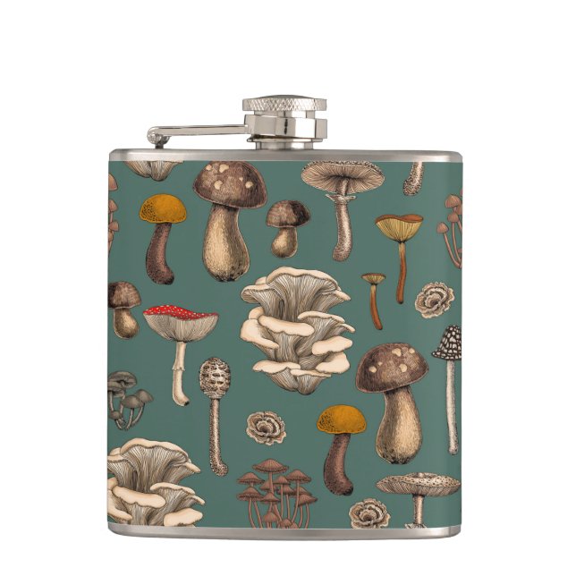 Wild Mushrooms  on pine green Hip Flask (Front)