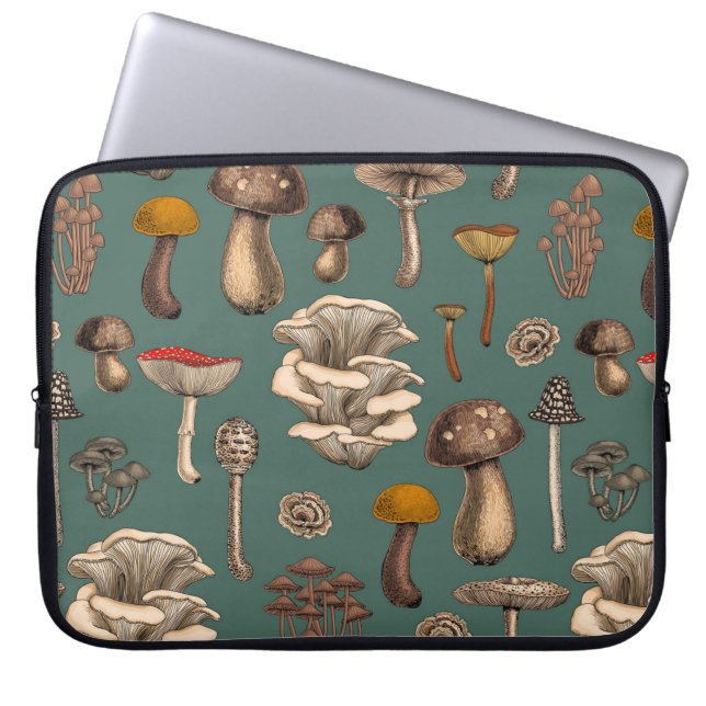 Wild Mushrooms  on pine green Laptop Sleeve (Front)