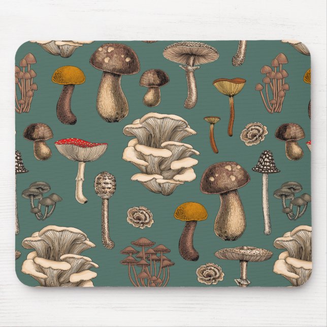 Wild Mushrooms  on pine green Mouse Mat (Front)