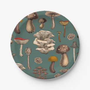 Wild Mushrooms on pine green Paper Plate