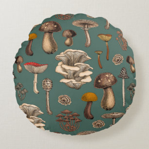 Wild Mushrooms  on pine green Round Cushion