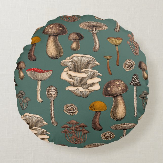 Wild Mushrooms  on pine green Round Cushion (Front)