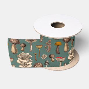 Wild Mushrooms on pine green Satin Ribbon