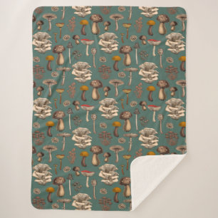 Wild Mushrooms on pine green Sherpa Blanket