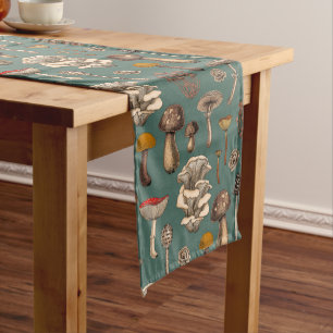 Wild Mushrooms on pine green Short Table Runner