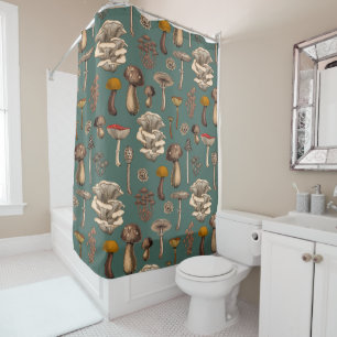 Wild Mushrooms on pine green Shower Curtain