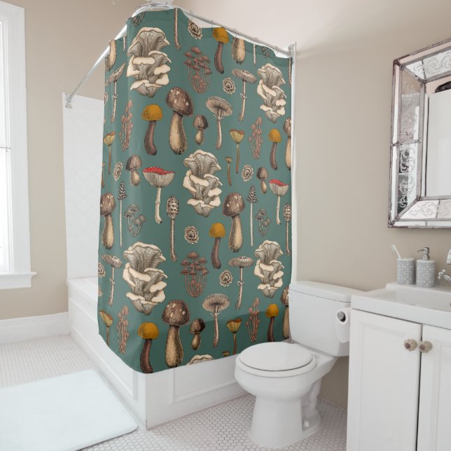 Wild Mushrooms  on pine green Shower Curtain (In Situ)