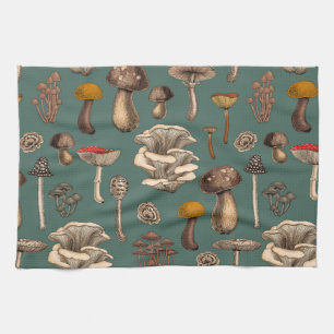 Wild Mushrooms  on pine green Tea Towel