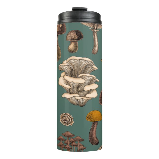 Wild Mushrooms  on pine green Thermal Tumbler (Front)
