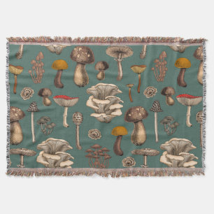 Wild Mushrooms on pine green Throw Blanket