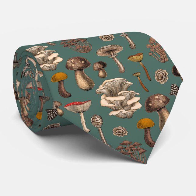 Wild Mushrooms  on pine green Tie (Rolled)