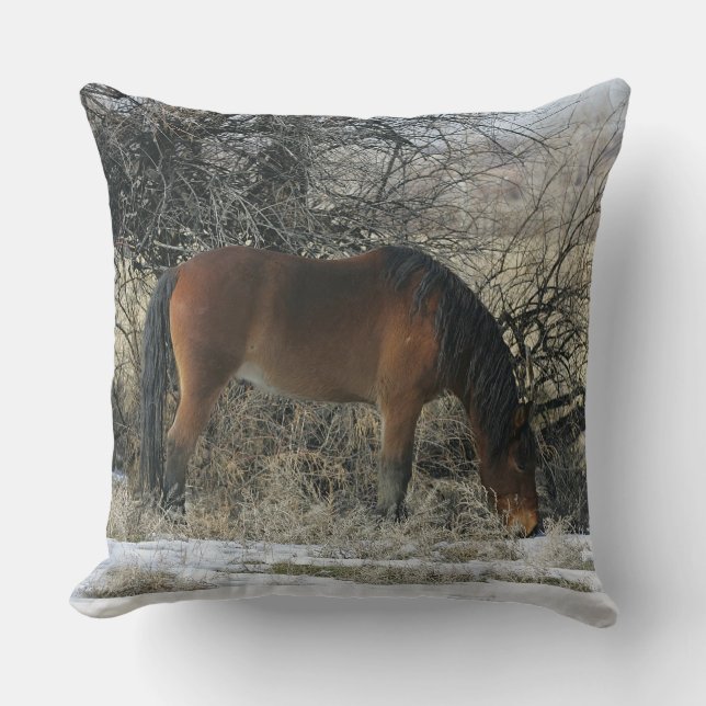 Wild Mustang Horse in the Snow 1 Cushion (Front)