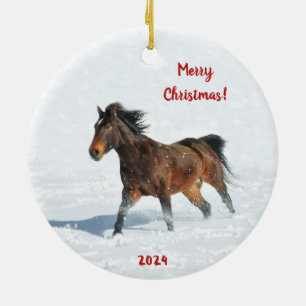 Wild Mustang Horse Running in the Snow Ceramic Tree Decoration