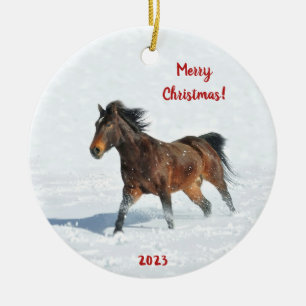 Wild Mustang Horse Running in the Snow Ceramic Tree Decoration