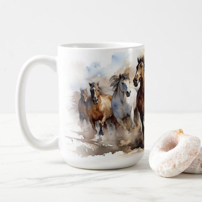 Wild Mustang Horses Equestrian Wild West Coffee Mug (With Donut)