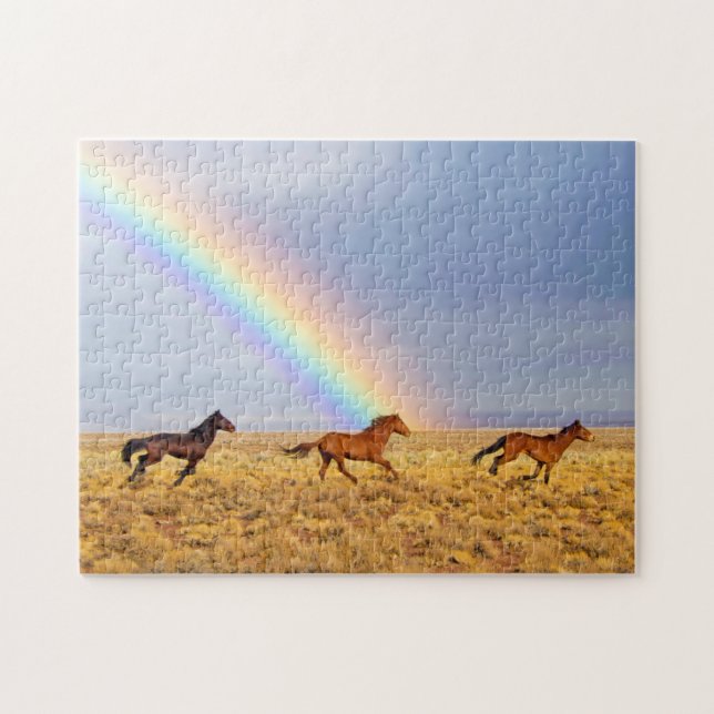 Wild Mustang Horses Running With Rainbow Jigsaw Puzzle (Horizontal)