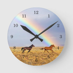 Wild Mustang Horses Running With Rainbow Round Clock