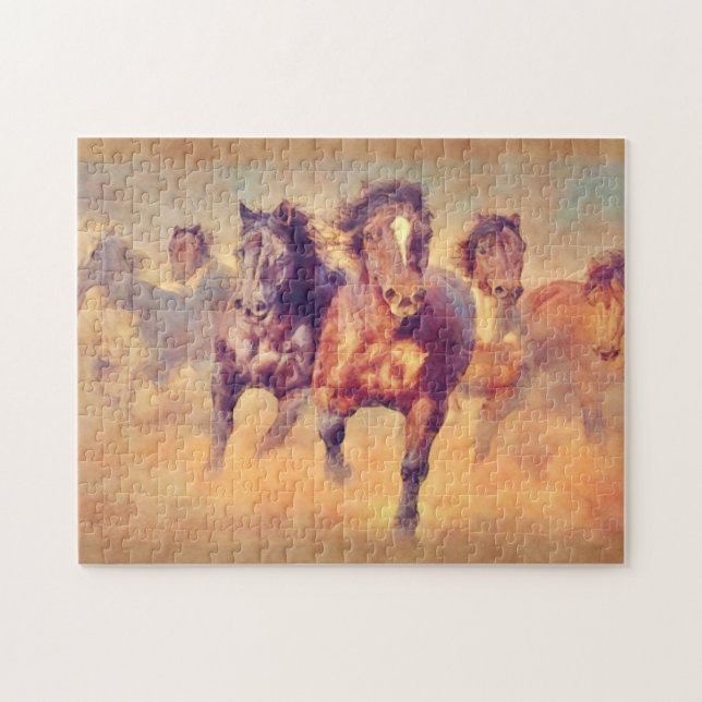 Wild Mustang Horses Stampede Watercolor Art Jigsaw Puzzle (Horizontal)
