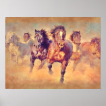 Wild Mustang Horses Stampede Watercolor