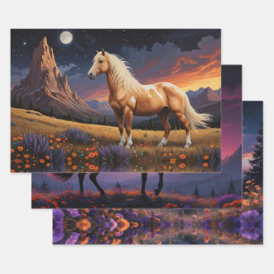 Wild mustangs Colorful night sky wildflowers Wrapping Paper Sheet